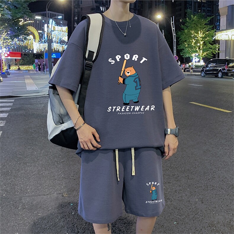 ！2024夏季新款男士华夫格短袖T恤套装青少年一套HTZ41P50,男装T恤,电商B220