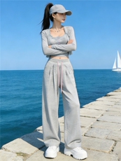 女春新款欧货时尚休闲套装修身显瘦开衫上衣内搭吊带阔腿裤三件套，女装套装/套裙，江南