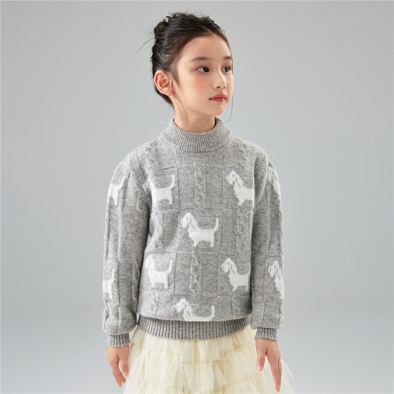 优质儿童狗狗提花麻花慵懒风毛衣100%羊毛男女童圆领针织打底衫，童装儿童羊毛衫，初丹羊绒童装