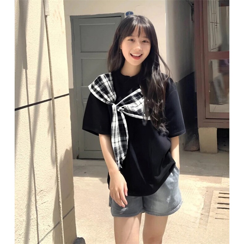 拼接格子布装饰高品质260克双纱纯棉美式高街短袖T恤特P35，男装T恤，电商A486-1