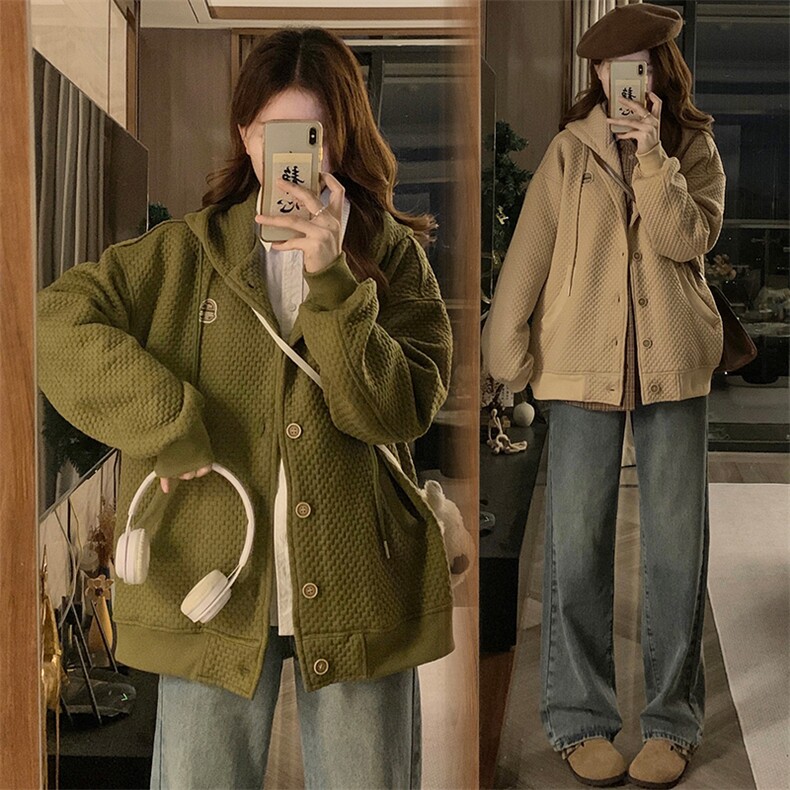 A339-P98 军绿色华夫格oversize连帽棒球服春秋设计感新款外套图片