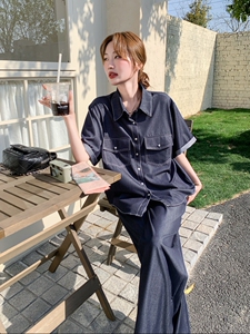 蓝色软牛仔短袖阔腿裤两件套女夏季巨好看韩里韩气独特漂亮一整套图片