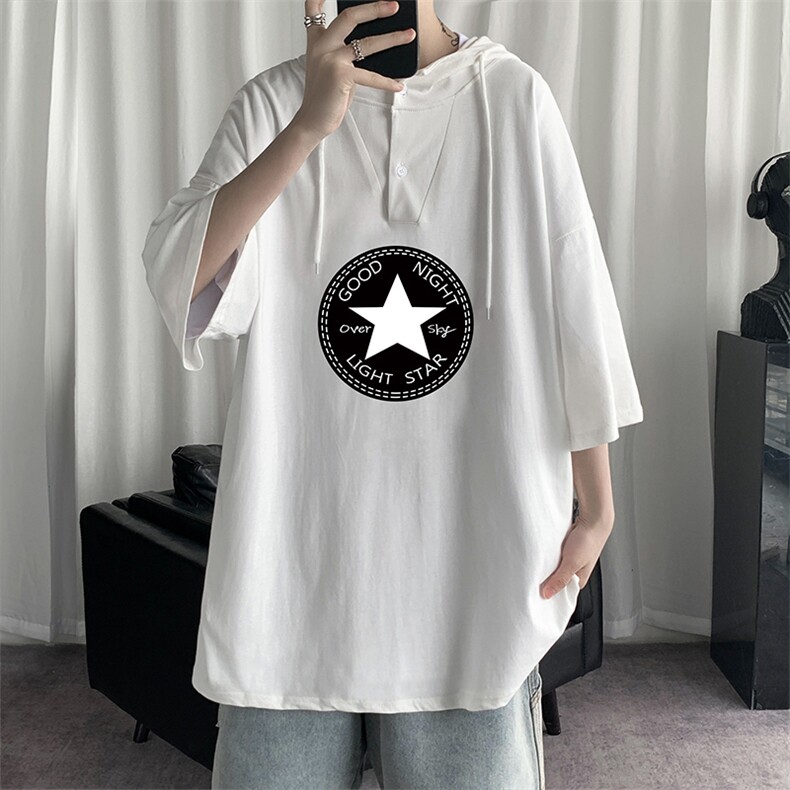 LD54008-P45 连帽短袖t恤男大码胖子带帽五分袖中袖图片