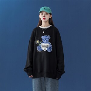 中性风 2026秋季新款设计感小熊腰果花印花圆领卫衣W175P30控48-图片