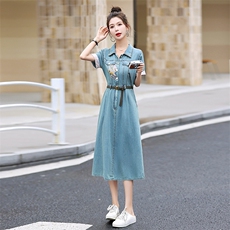 夏季新款韩版小个子胖mm大码中长款短袖宽松牛仔连衣裙子女士薄款，女装连衣裙，E百度