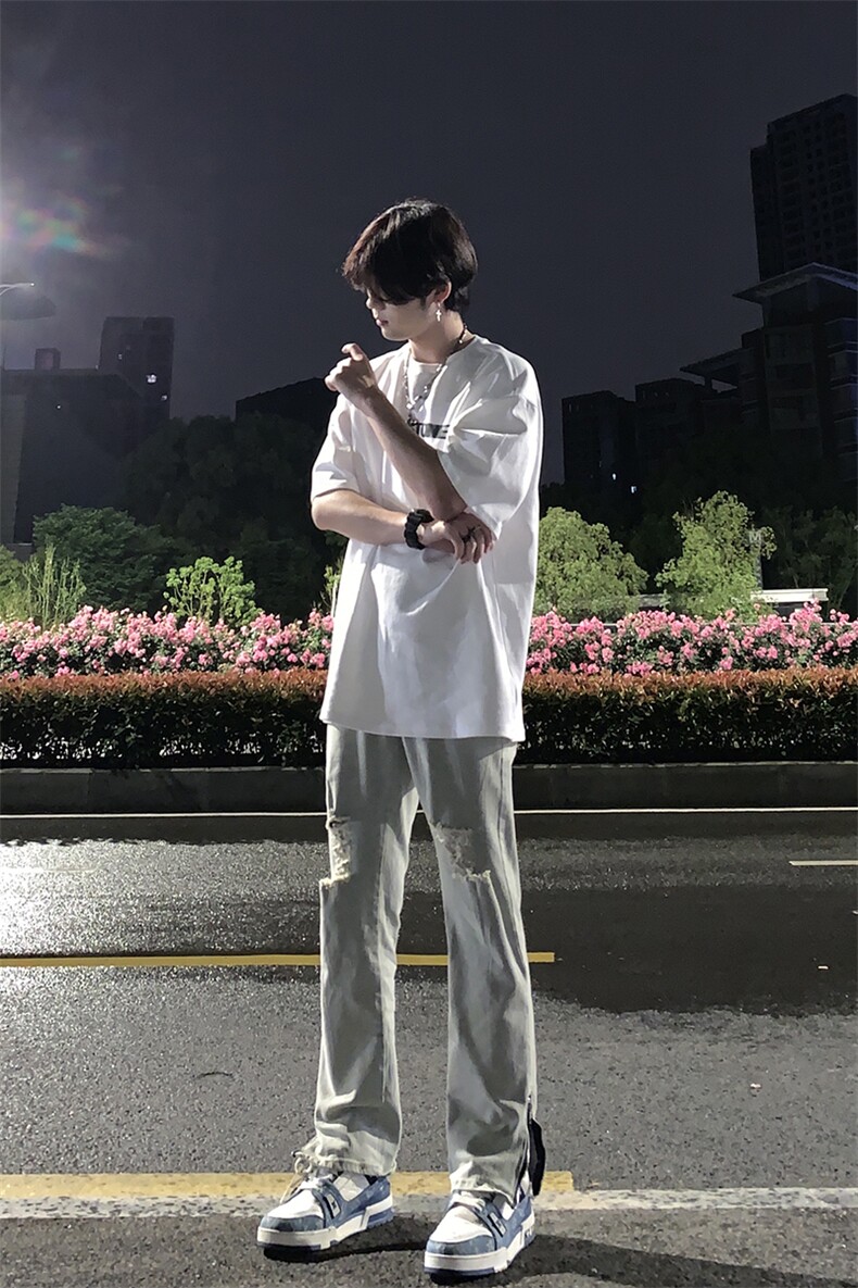 B221美式ins高街暗黑拉链小脚弹力破洞牛仔裤LK23060-P65控88,男装牛仔裤,电商B221