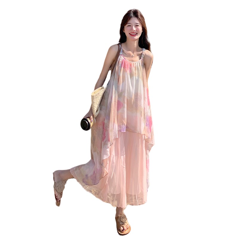 粉色法式旅游度假超仙吊带裙女2025夏季新款印花假两件初恋连衣裙,女装连衣裙,2C177