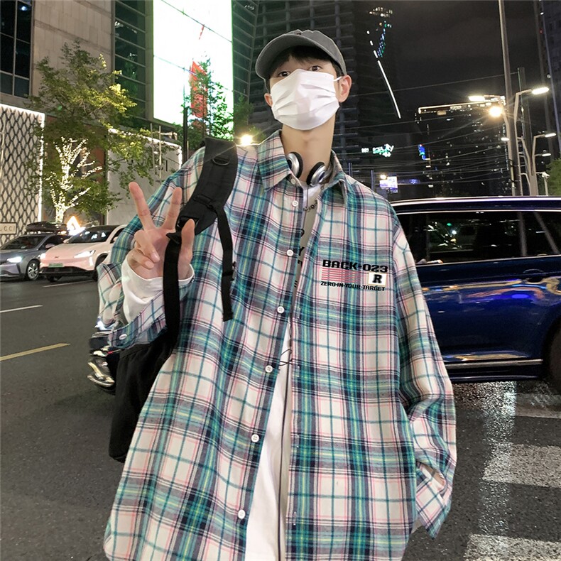 港风新款秋季时尚百搭美式宽松格子衬衫外套S681P38控58,男装衬衫,电商A268A