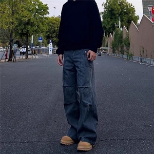 美式复古工装长裤男女春秋高街潮牌宽松休闲直筒多口袋水洗牛仔裤图片