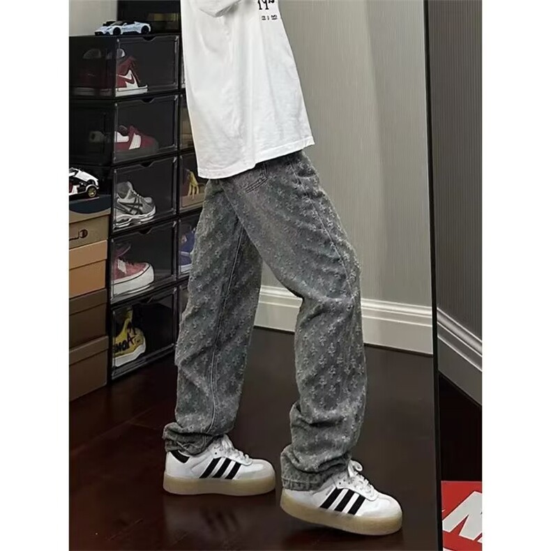 欧美高街hiphop高端男士牛仔裤满印提花潮牌宽松直筒美式微喇裤子，男装牛仔裤，四季星座505