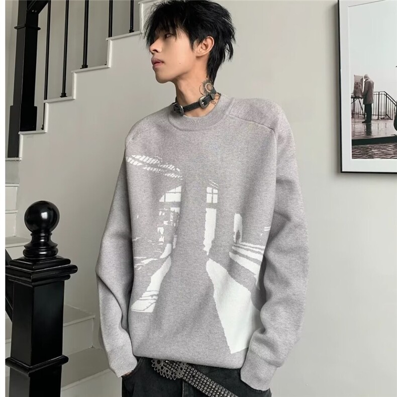 AA1808P50宽松型美式复古印花毛衣长袖针织衫,男装针织衫/毛衣,电商B323A