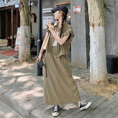 新品军绿色上衣+工装半身裙两件套套装7633-P135-K198，女装套装/套裙，2C159