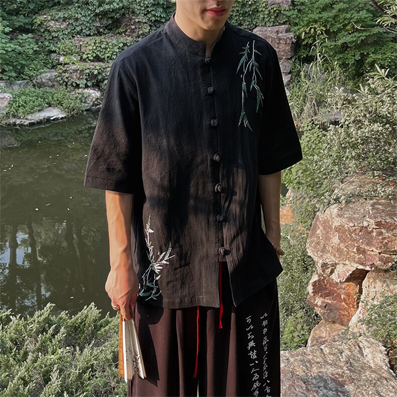 新中式风男女同款24夏竹叶刺绣立领盘扣衬衫MT2308-P65-控78,男装衬衫,电商A021