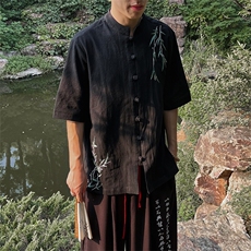 新中式风男女同款24夏竹叶刺绣立领盘扣衬衫MT2308-P65-控78，男装衬衫，电商A021