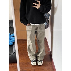 【有货】DYK90-P55美式复古水洗做旧铆钉褶皱伐木工装裤男微喇裤，男装牛仔裤，星座603-2