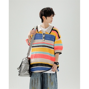 8XL-M 特大码美式复古条纹撞色针织POLO衫翻领休闲短袖TDX311P35图片