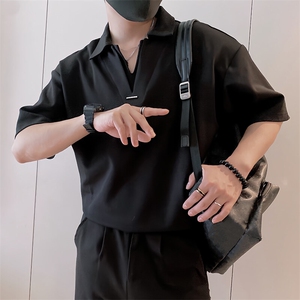S89/P58控78夏季小伙轻奢假两件双V短袖Polo衫男装痞帅T恤黑色首2图片