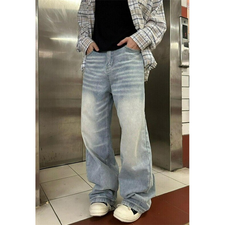 高街vibe风猫须做旧牛仔裤男女潮cleanfit直筒显瘦裤子 N813图片
