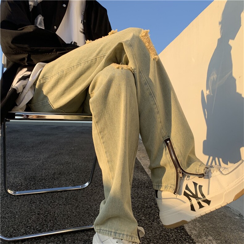 美式拉链开叉男高街水洗黄泥色修身破洞拖地牛仔裤KN85-P60,男装牛仔裤,电商D325