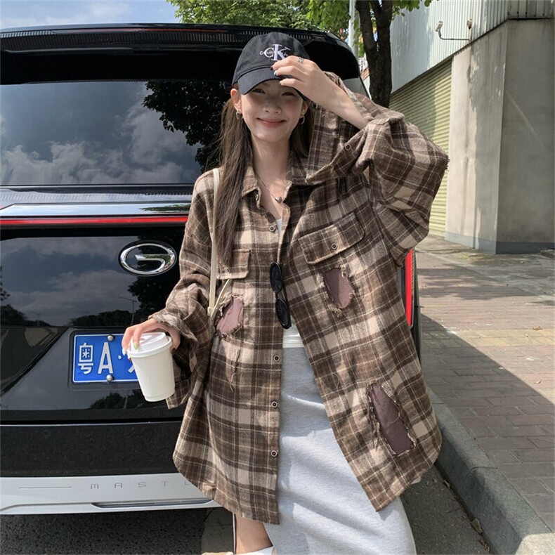 A505-P85美拉德情侣衬衣宽松小众做破补丁格子长袖,男装夹克,星座911