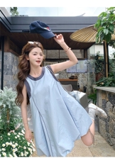 【现货】2026夏季蓝色减龄无袖撞色显瘦花苞连衣裙P135-K200，女装连衣裙，网红馆