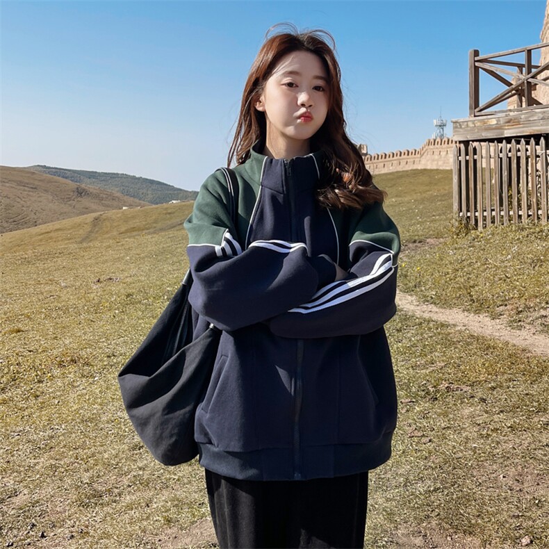外套女薄春秋设计感小众炸街宽松立领长袖休闲运动美式复古棒球服,女装短外套,浙宝182A