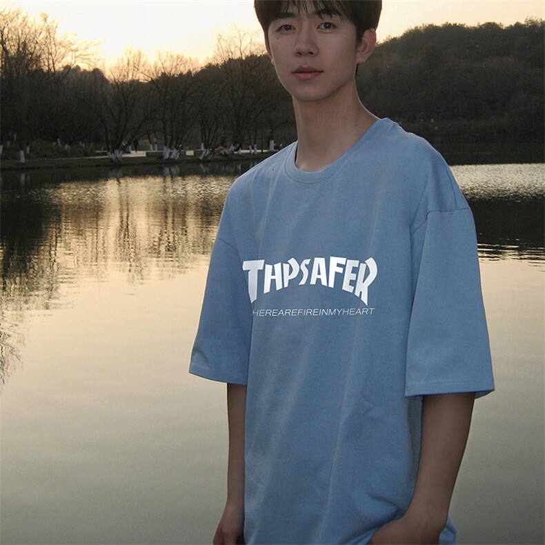 青少年t恤短袖男潮牌潮流美式复古七分袖体恤大码宽松半袖打底衫,男装T恤,电商A040