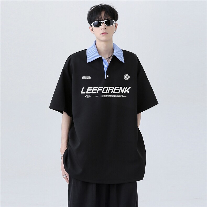 痞帅炸街翻领假两件拼接条纹潮牌少年感短袖POLO衫T159-P48,男装Polo衫,电商C307