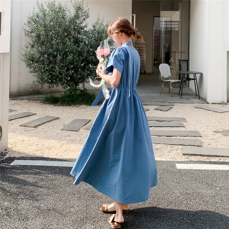 蓝色复古连衣裙女2025年夏季新款韩版设计感气质时尚显瘦A字长裙图片