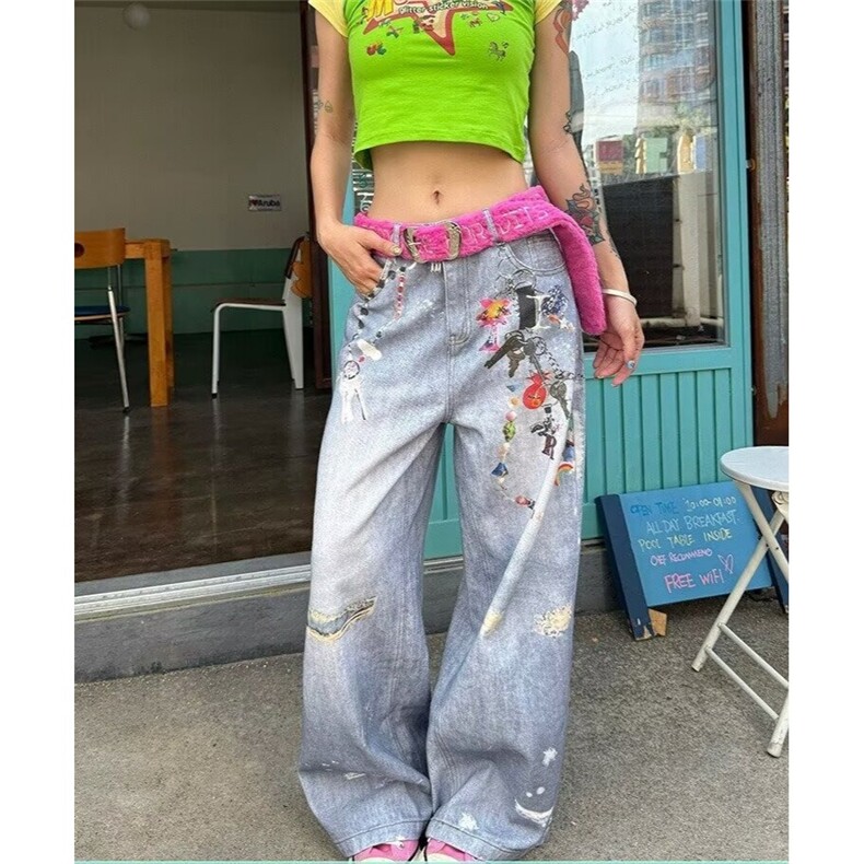 创意链条印花牛仔裤女美式复古直筒裤设计感百搭裤子RK3018-P59,男装牛仔裤,星座412-3