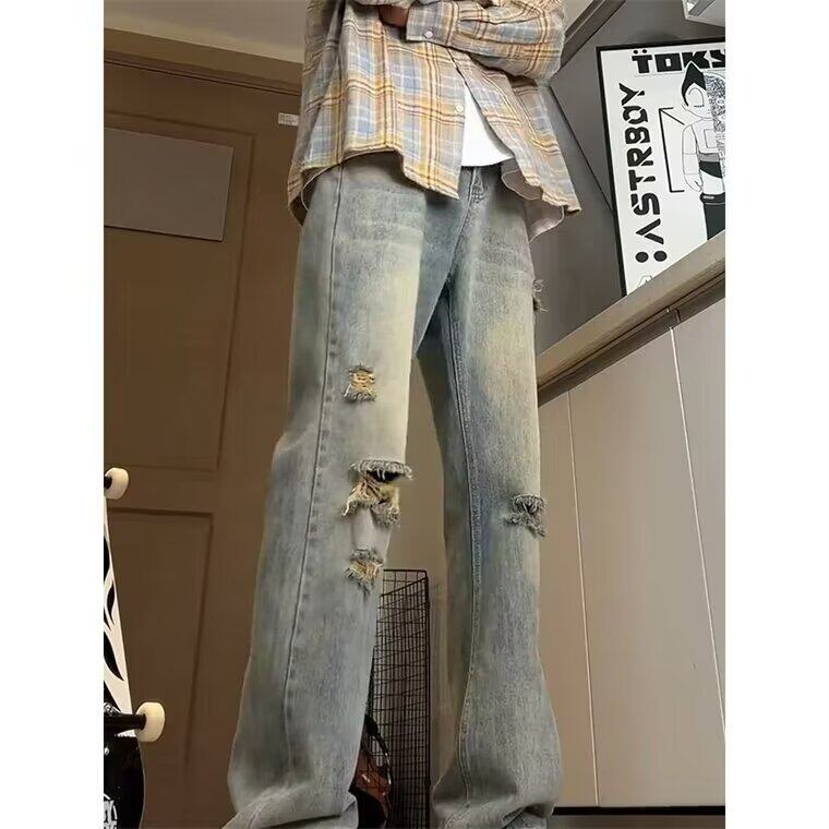 D792-P50复古破洞牛仔裤男夏季新款美式高街弯刀微喇裤-网图现货,男装牛仔裤,星座603-2