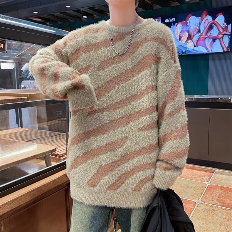 水貂绒斑马纹毛衣男冬季美式复古慵懒风针织衫加厚保暖高级感外套,男装针织衫/毛衣,星座410-6（原星座1304-1）