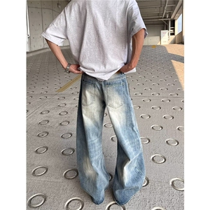 美式复古竹节做旧破洞牛仔裤男女夏季高街设计感宽松阔腿裤图片