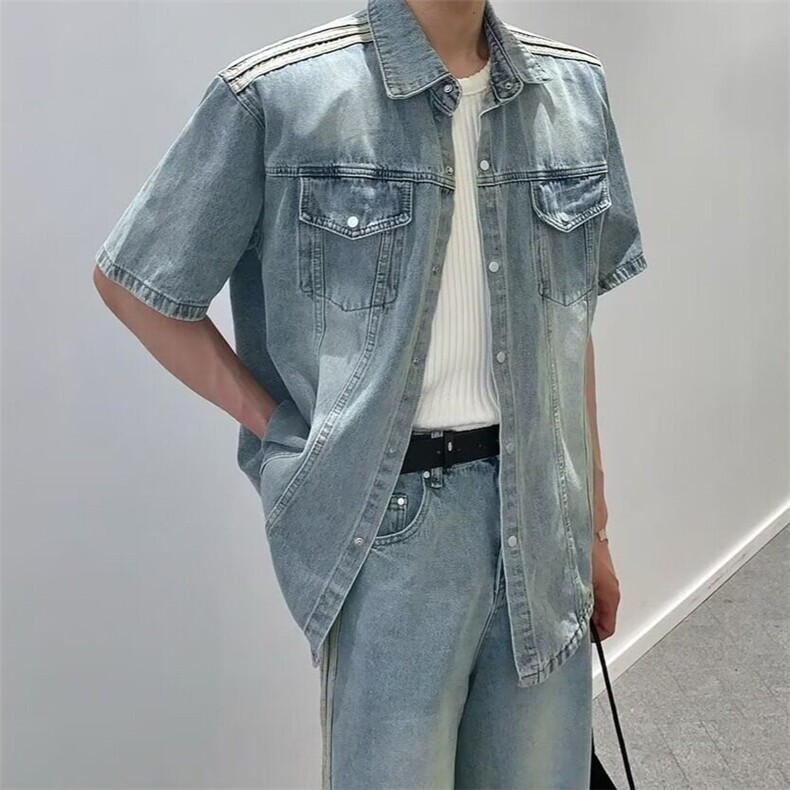 夏季水洗做旧短袖衬衫男款美式复古潮流痞帅宽松休闲百搭衬衣外套图片