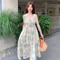 法式海边度假风印花连衣裙女夏季2025新款小个子漂亮宽松长裙子，女装连衣裙，2C118