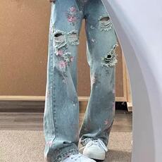 玫瑰花卉破洞牛仔裤男女夏季新款痞帅炸街宽松微喇裤AM8025P47，男装牛仔裤，星座1013-1