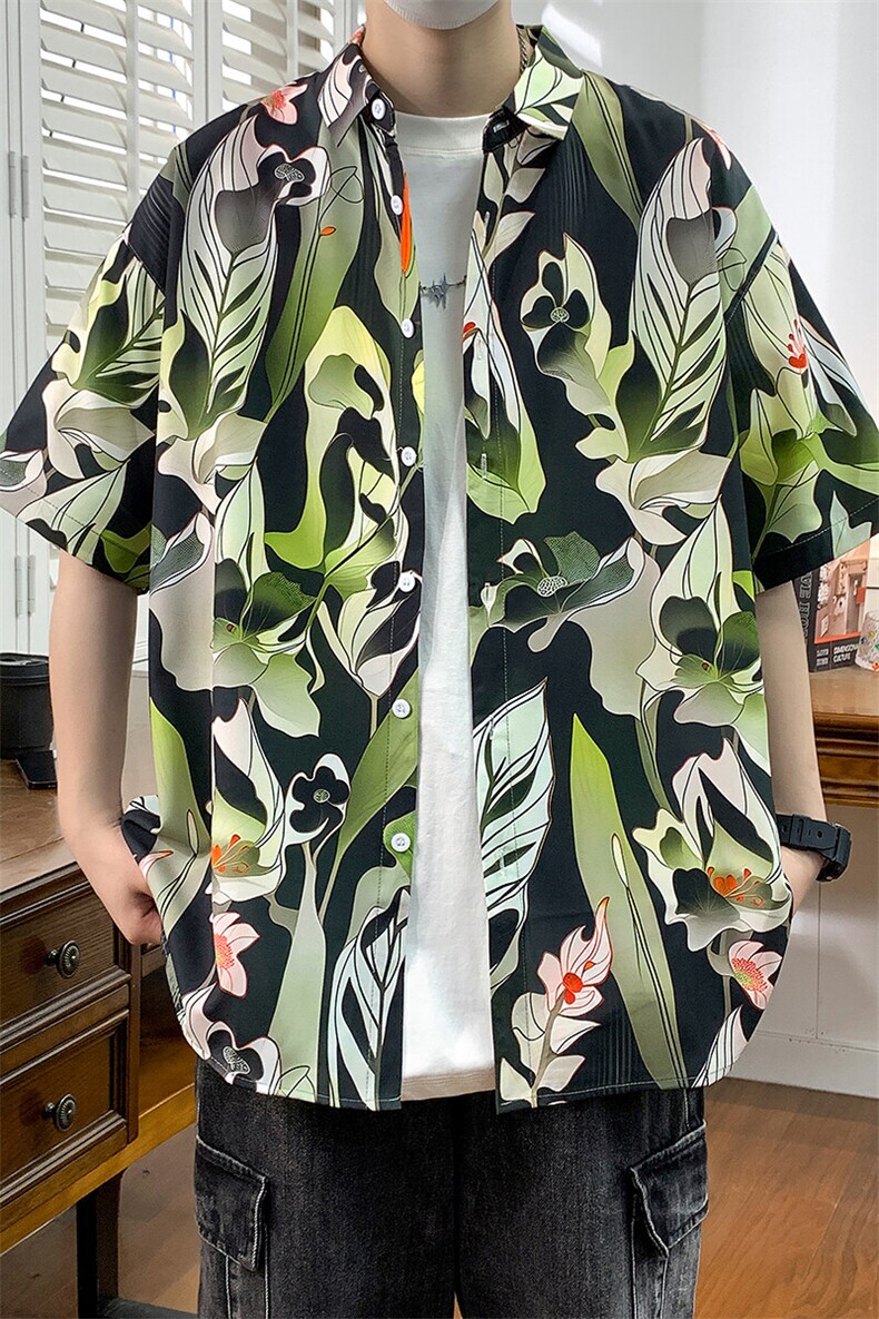 精品大码花男短袖夏季痞宽松上衣服外套翻领衬衫A012/C870C875P35,男装衬衫,电商A012