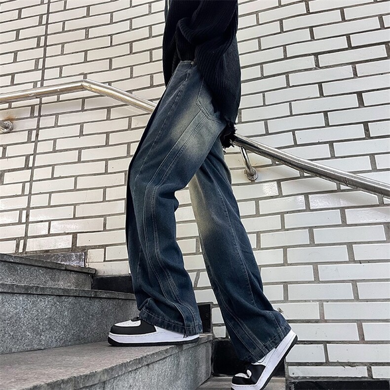 春秋复古拼接渐变男牛仔裤美式高街直筒垂感宽松阔腿潮牌K819/P54,男装牛仔裤,星座506