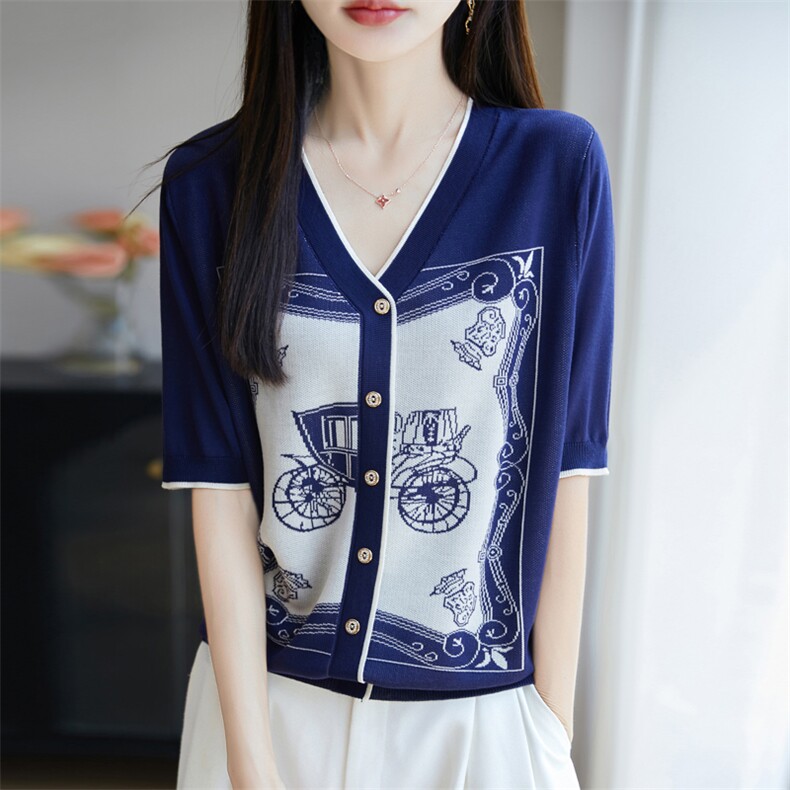 夏季新款时尚蓝色复古马车V领假开衫女修身显瘦百搭休闲上衣图片