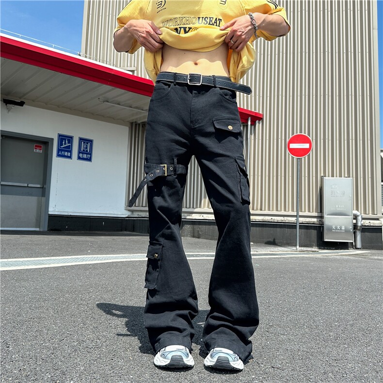 夏季绑带微喇牛仔裤男cleanfit美式高街vibe喇叭修身工装N165-P53,男装牛仔裤,星座308B-2