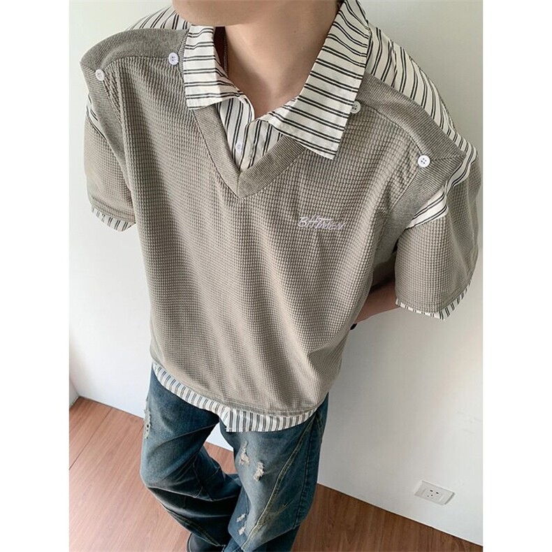 夏季男款假两件条纹衬衣领短袖拼接衬衫T恤时尚潮牌短T,男装T恤,星座1013