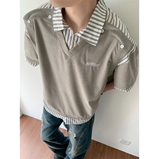 夏季男款假两件条纹衬衣领短袖拼接衬衫T恤时尚潮牌短T，男装T恤，星座1013