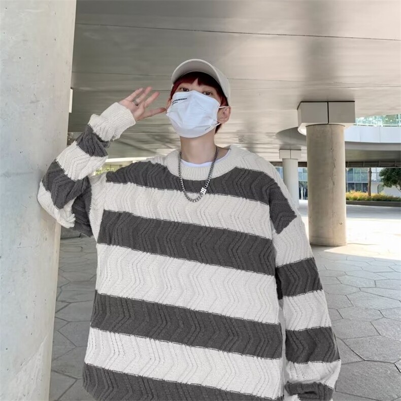 圆领毛衣男秋冬宽松慵懒风条纹针织衫潮牌打底毛线衣 M891-P39图片