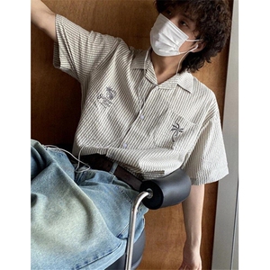 条纹半袖衬衫男士夏季新款日系复古短袖衬衣宽松休闲外套 CB336图片