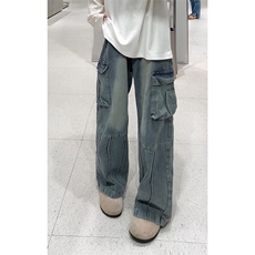 秋季新款工装牛仔裤男直筒美式痞帅大口袋拼接裤子-A1158TP55控88，男装牛仔裤，电商B241