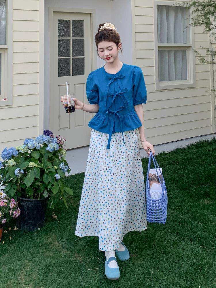 法式蝴蝶结系带短袖衬衫高腰半身裙夏季新款减龄时尚设计感两件套，女装套装/套裙，浙宝220