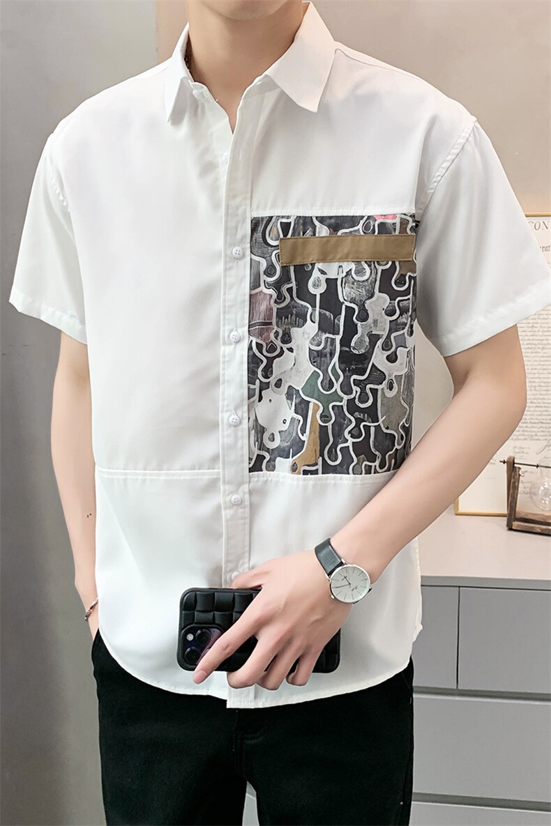 夏季轻熟店主小伙拼色宽松休闲短袖衬衫男衬衣A236-C08-P55-控88,男装T恤,电商A236