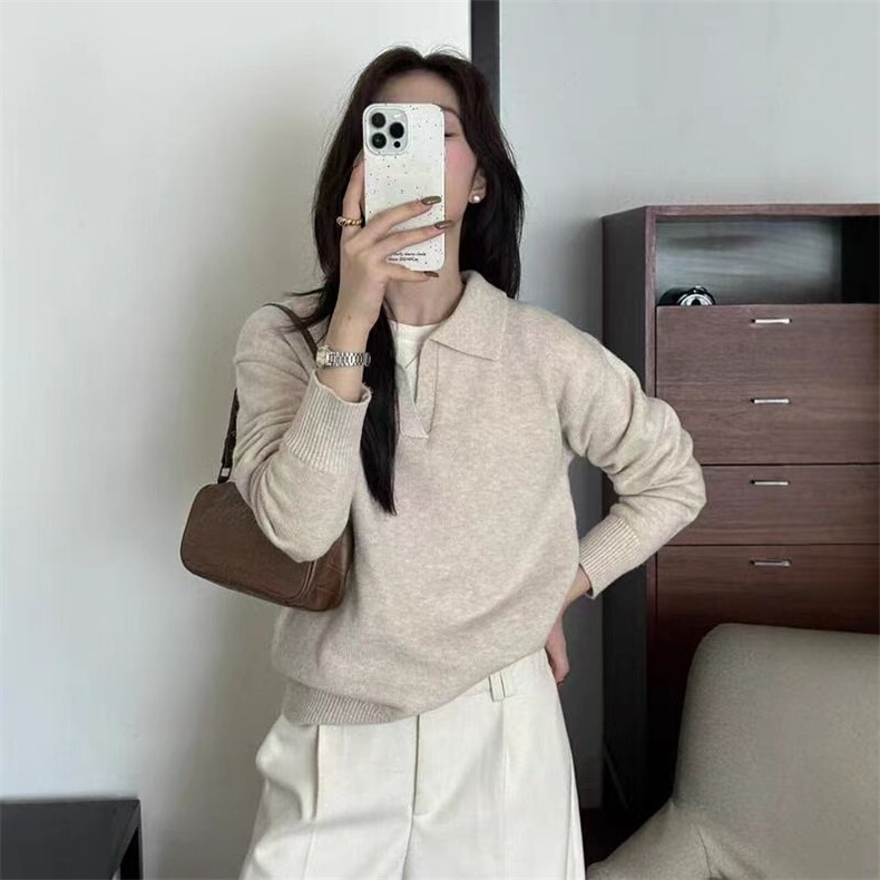 2025年秋季新款纯色平面polo领针织套头上衣时尚百搭，女装针织衫/毛衣，旭驰羊绒