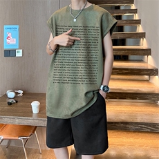 直播美式麂皮绒宽松背心无袖t恤短裤大码两件套套装TZ26-P58，男装T恤，电商A486