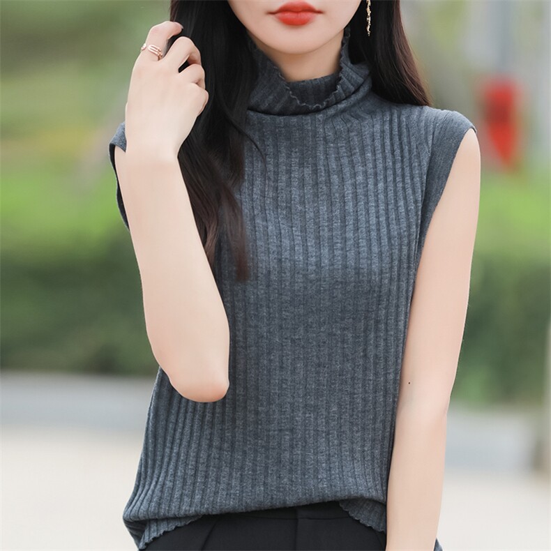 简约纯色坑条堆堆领针织马甲背心女早春时尚洋气内搭无袖坎肩上衣,针织衫/毛衣,佳绒包芯纱店